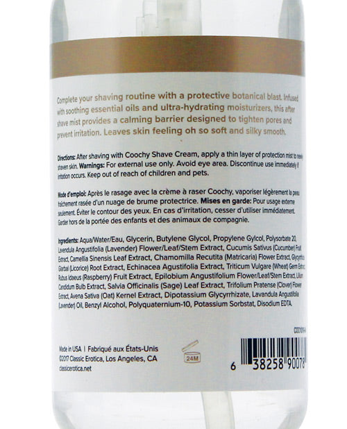 Backside of the bottle of COOCHY After-Shave Rash Rescue Mist | Kinkly Shop