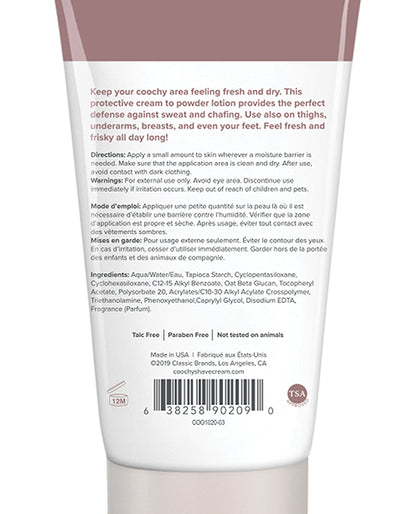 Backside of the tube of COOCHY Sweat Defense Protection Lotion | Kinkly Shop