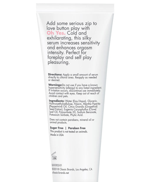 Backside of the tube of CG Oh Yes Clitoral Cooling Serum | Kinkly Shop