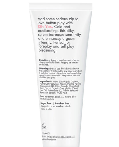 Backside of the tube of CG Oh Yes Clitoral Cooling Serum | Kinkly Shop