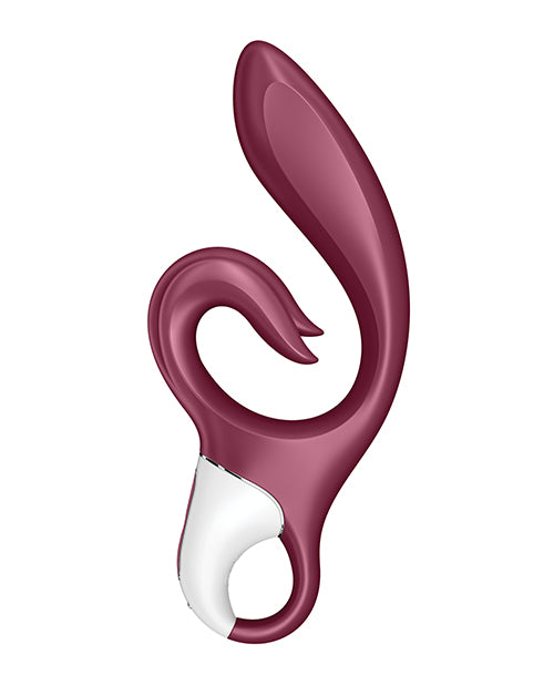 Side view of the Satisfyer Love Me. The shaft has a deep g-spot curve with a long clitoral arm to make it easier to make clitoral contact. | Kinkly Shop