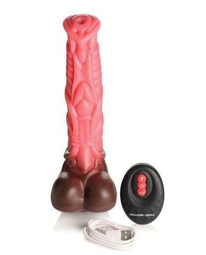 The Creature Cocks Thrusting Centaur with Remote Control shown next to everything it comes with. There's the dildo itself, the remote, and the charging cable. | Kinkly Shop