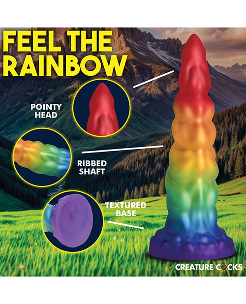 Collage of images showcases the various features of the Creature Cocks Magic Rider. Text includes: Pointy head, ribbed shaft, textured base. | KInkly Shop