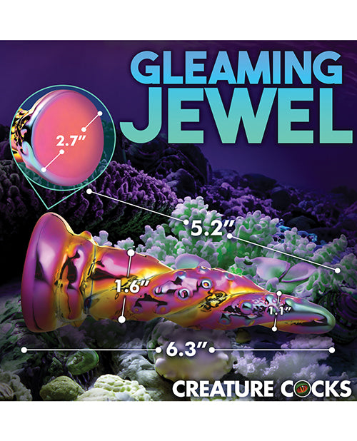 The Creature Cocks Enchantress with measurements superimposed over the toy's length. All measurements are included in the text description for the product. | Kinkly Shop
