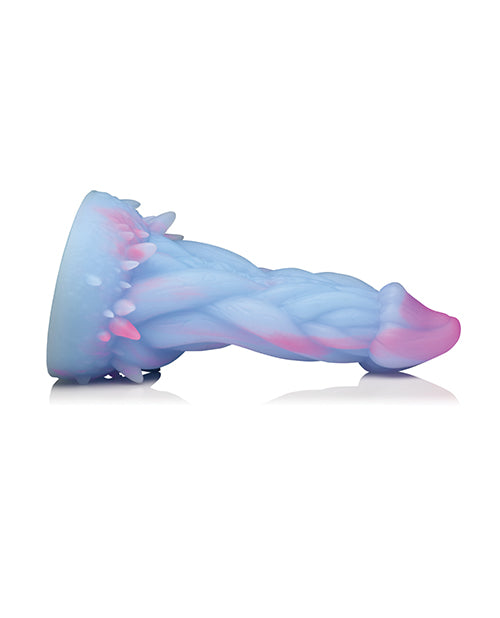 Side view of th Creature Cocks Nomura. The dildo is very thick, but parts of it shaft don't touch the ground while the dildo is laying down, showcasing its firm inner core. | Kinkly Shop