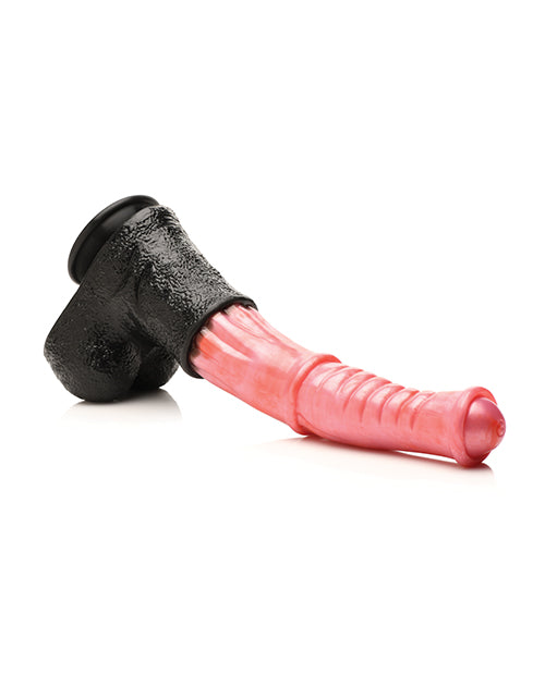 The Creature Cocks Giant Centaur XL laying flat on a surface. The dildo curves in around mid-shaft, showcasing that the tip of the dildo has a lot of flexibility to curve internally where it will be most pleasurable. | Kinkly Shop