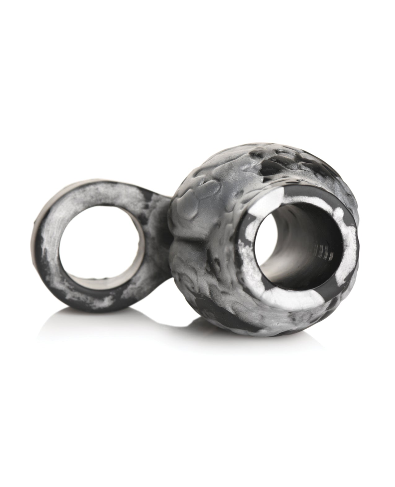 See-through the Creature Cocks Night Prowler Sleeve with the two holes in the cock sleeve. One hole is used for the shaft while the other hole wraps around the testicles to anchor the sleeve in place. | Kinkly Shop