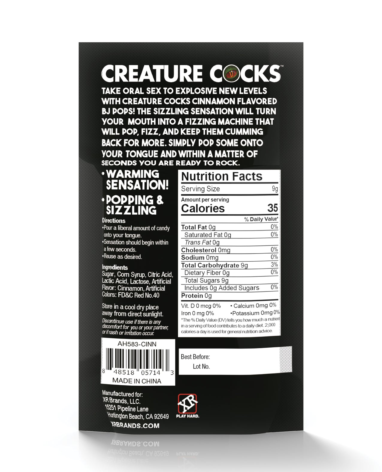 Backside of the packaging. Each serving has 35 calories which is made up of 9g of sugar.  | Kinkly Shop