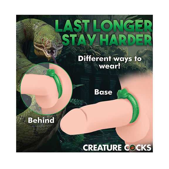 The Creature Cocks Serpentine shown worn on a sex doll penis. It can be worn around the shaft only or worn underneath both the shaft and the balls, depending on how you want to wear it. | Kinkly Shop