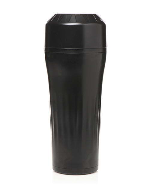 The exterior of the  Creature Cocks Predator Stroker outer plastic case with all plastic wrap removed. It's entirely black and looks very discreet. | Kinkly Shop
