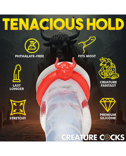 The Creature Cocks Beast Mode worn on a clear dildo with icons and text surrounding it to showcase its features. Text reads: Tenacious hold. Phthalate free. Last longer. Stretchy. Fits most. Creature fantasy. Premium silicone | Kinkly Shop