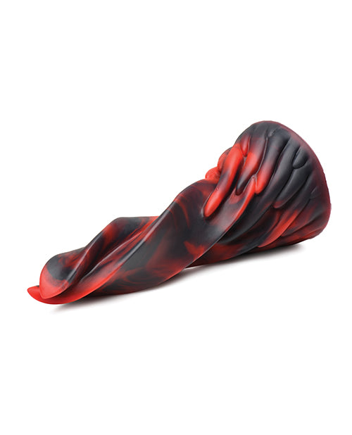 The Creature Cocks Hell Kiss lays on its side. This makes the swirled design of the dildo very noticeable. It looks like a rotini noodle. | Kinkly Shop