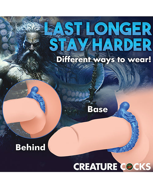 Collage of images showcases the different ways to wear the Creature Cocks Poseidon's Octo. It can be worn at the base of the shaft or underneath the testicles and base of the shaft. | Kinkly Shop
