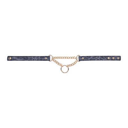 The Sportsheets Cougar Day Collar laid flat. The faux leather is on both sides of the chained center with the chained center and O-ring becoming the center of attention. | Kinkly Shop