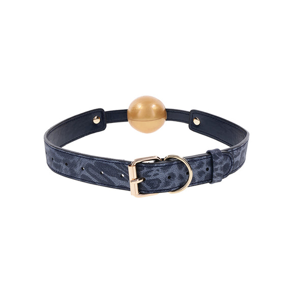 Close-up on the backside and buckle of the Sportsheets Cougar Ball Gag. It's a standard gold buckle like you'd find on a jeans belt. | Kinkly Shop