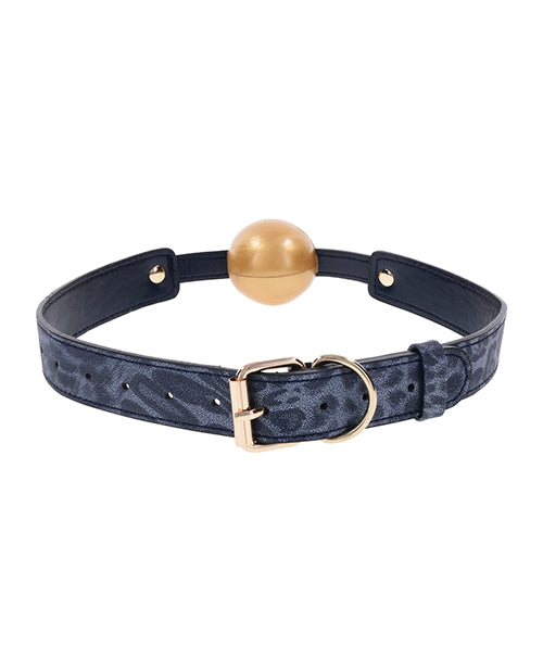 Close-up on the backside and buckle of the Sportsheets Cougar Ball Gag. It's a standard gold buckle like you'd find on a jeans belt. | Kinkly Shop