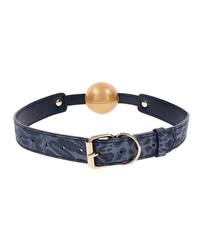 Close-up on the backside and buckle of the Sportsheets Cougar Ball Gag. It's a standard gold buckle like you'd find on a jeans belt. | Kinkly Shop