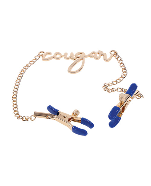 Close-up on the blue rubber-tips of the Sportsheets Cougar Nipple Clamps, offering a beautiful contrast from the gold metal of the rest of the clamps. | Kinkly Shop