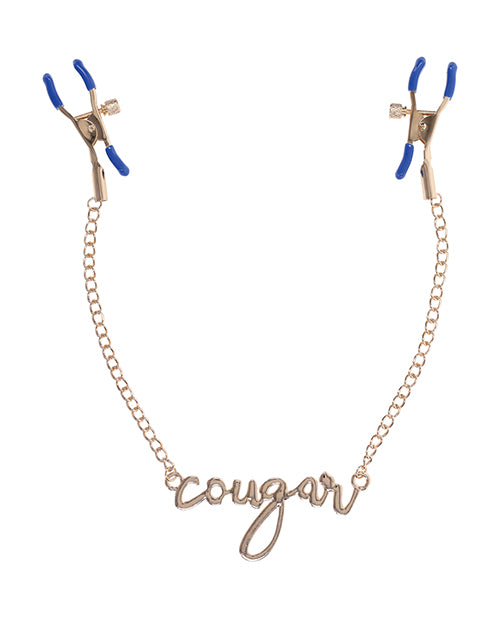 Sportsheets Cougar Nipple Clamps in a top-down view shown with the nipple clamps in their fully-open position. They open very wide. | Kinkly Shop