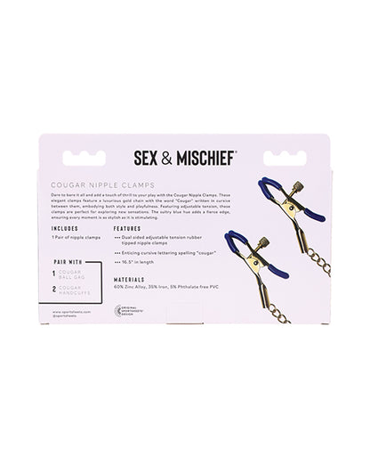 Backside of the packaging for the Sportsheets Cougar Nipple Clamps | Kinkly Shop