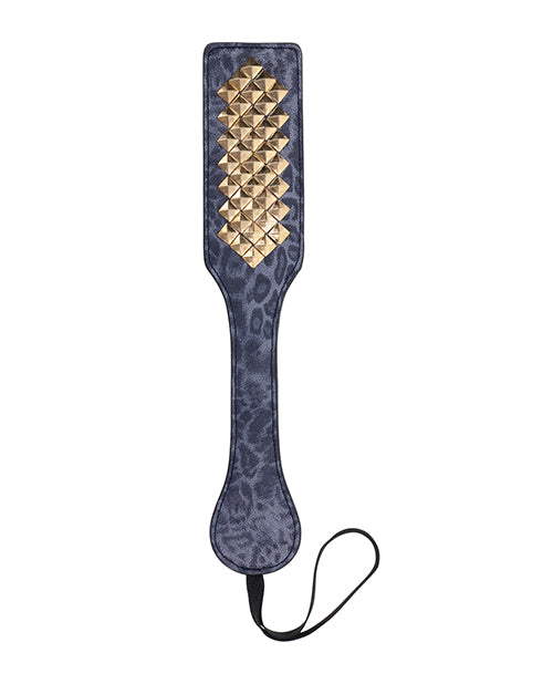 Top down view of the Sportsheets Cougar Studded Paddle. The gold spikes along the spanking surface of the paddle really stand out along the length of the paddle. | Kinkly Shop