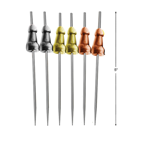 All 6 Glitterati Penis Hor D'Oeuvre Picks lined up next to one another, one-by-one. Two are silver, two are gold, two are rose gold. | Kinkly Shop