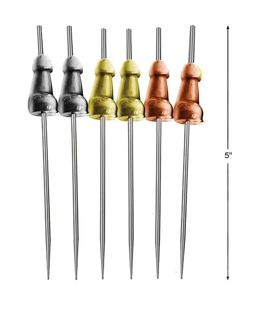 All 6 Glitterati Penis Hor D'Oeuvre Picks lined up next to one another, one-by-one. Two are silver, two are gold, two are rose gold. | Kinkly Shop