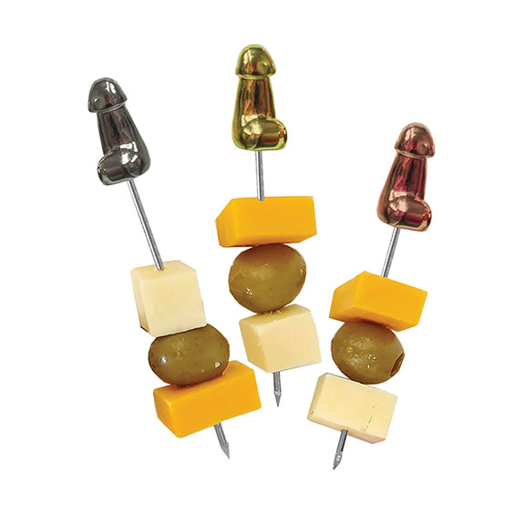 Three Glitterati Penis Hor D'Oeuvre Picks. Each with two cheese squares and an olive on its stick. | Kinkly Shop
