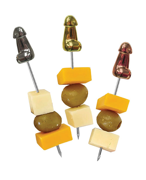 Three Glitterati Penis Hor D'Oeuvre Picks. Each with two cheese squares and an olive on its stick. | Kinkly Shop