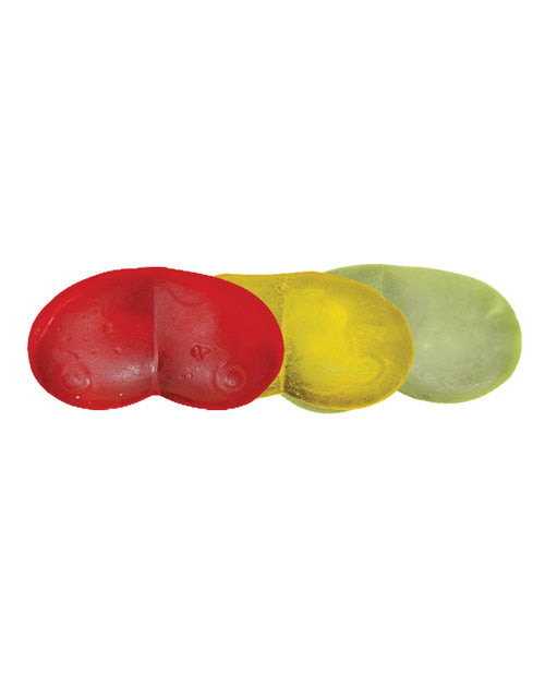 Close-up on the shape of the Gummy Boobs Candy as well as the three different colors they come in. | Kinkly Shop