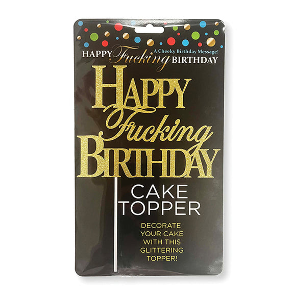 The Glitterati Cake Topper in "Happy Fucking Birthday" in its retail packaging. | Kinkly Shop