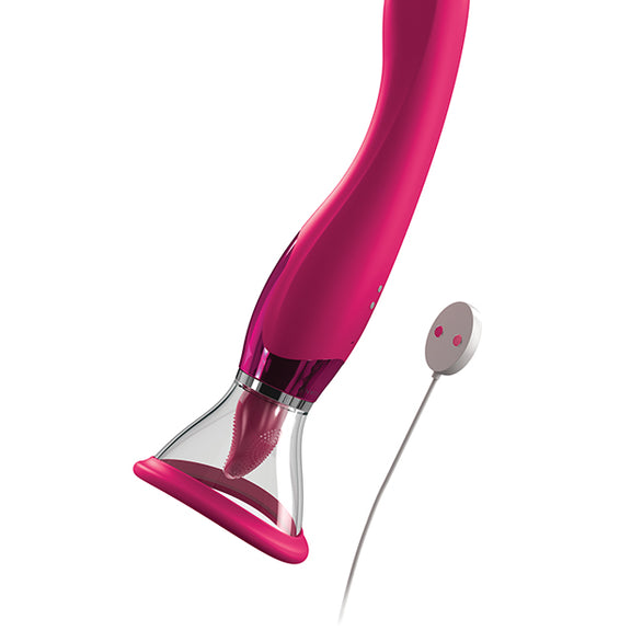 The JimmyJane Apex shown next to the magnetic charging cable that connects to the toy to charge. The magnetic charging prongs are on the handle opposite the controls. | Kinkly Shop