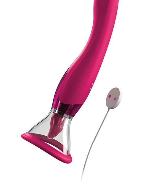 The JimmyJane Apex shown next to the magnetic charging cable that connects to the toy to charge. The magnetic charging prongs are on the handle opposite the controls. | Kinkly Shop