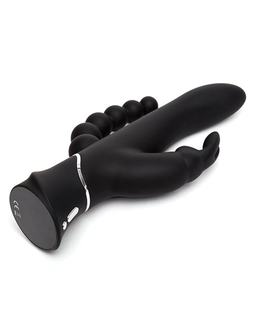 the Happy Rabbit Triple Curve lays on its side. It has two buttons at the base to control the functions. The base of the Happy Rabbit Triple Curve is completely flat. | Kinkly Shop