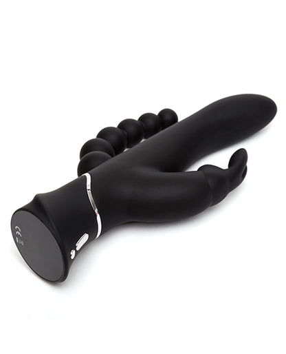 the Happy Rabbit Triple Curve lays on its side. It has two buttons at the base to control the functions. The base of the Happy Rabbit Triple Curve is completely flat. | Kinkly Shop
