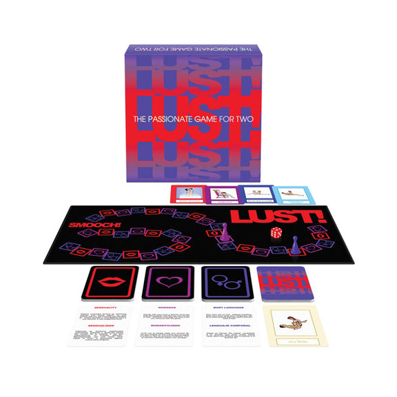The board game and all of its cards spread out in front of the packaging box for the Lust! board game | Kinkly Shop