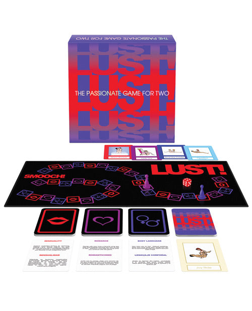 The board game and all of its cards spread out in front of the packaging box for the Lust! board game | Kinkly Shop