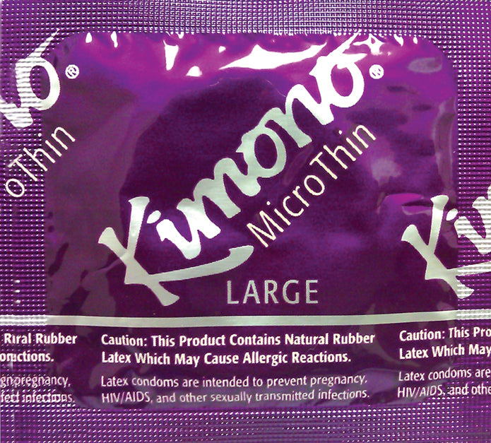 Close-up of the individual wrapping that each Kimono Micro Thin Large condom comes in | Kinkly Shop