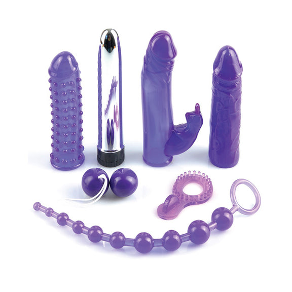 Everything included with the Royal Rabbit Kit. It includes the vibrator itself, 3 sleeves for the vibrator, kegel balls, a cock ring, and a strand of anal beads. | Kinkly Shop