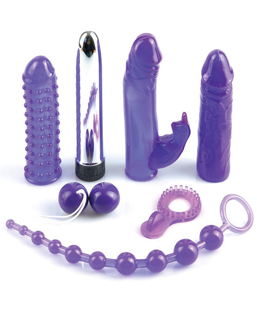 Everything included with the Royal Rabbit Kit. It includes the vibrator itself, 3 sleeves for the vibrator, kegel balls, a cock ring, and a strand of anal beads. | Kinkly Shop