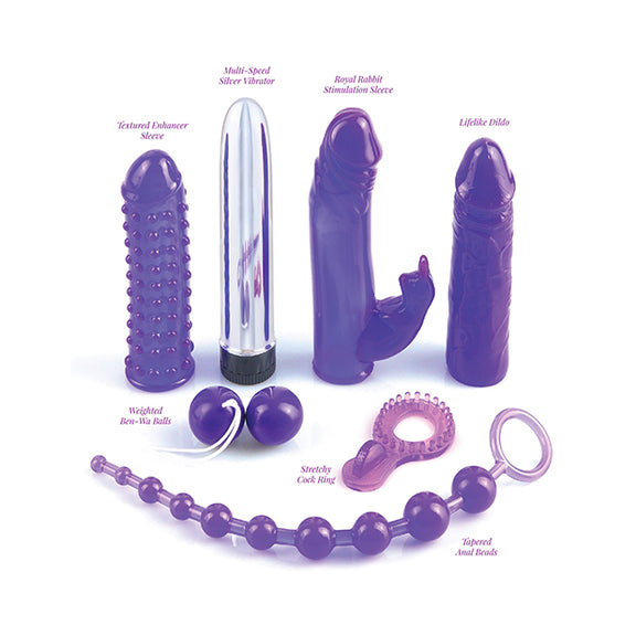 Everything included with the kit with names labeled out on top of the item. Includes textured enhancer sleeve, multi-speed silver vibrator, royal rabbit stimulation sleeve, lifelike dildo, weighted Ben-Wa balls, stretchy cock ring, and tapered anal beads. | Kinkly Shop