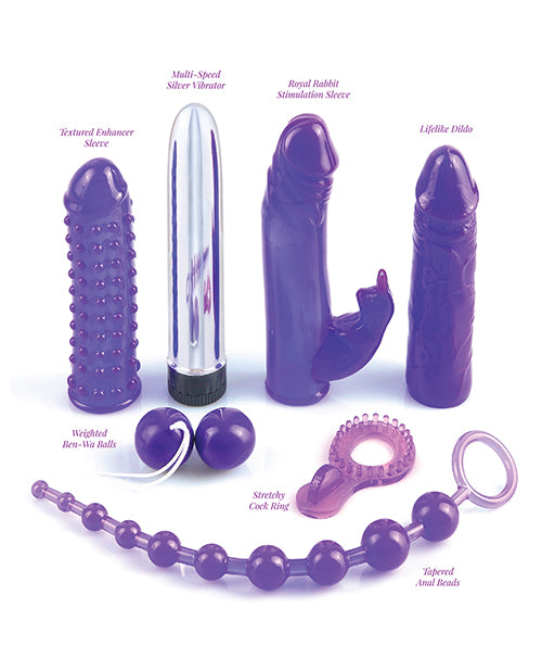 Everything included with the kit with names labeled out on top of the item. Includes textured enhancer sleeve, multi-speed silver vibrator, royal rabbit stimulation sleeve, lifelike dildo, weighted Ben-Wa balls, stretchy cock ring, and tapered anal beads. | Kinkly Shop