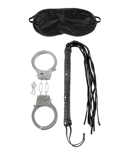 Everything included in the Lover's Fantasy Kit. There's the blindfold, whip, and metal handcuffs. | Kinkly Shop