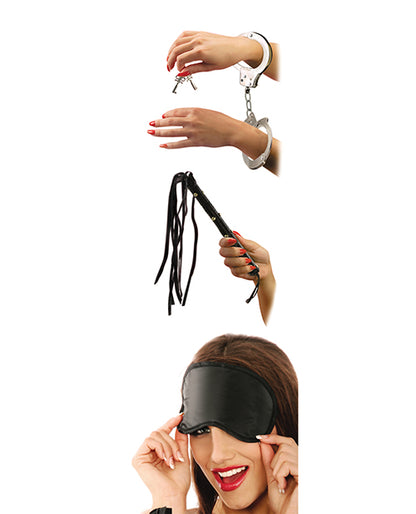 Collage of images shows a person wearing the included blindfold, a person holding the included whip, and a person wearing the included handcuffs in the Lover's Fantasy Kit | Kinkly Shop
