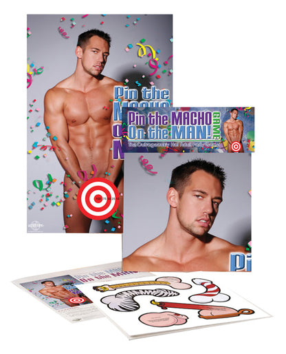 Everything included in the Pin the Macho On the Man Game including a large poster, multiple penises to pin on him, and the packaging that it all comes in. | Kinkly Shop