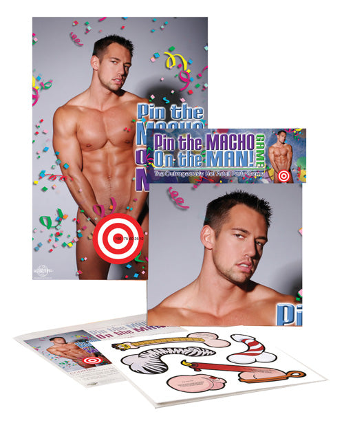 Everything included in the Pin the Macho On the Man Game including a large poster, multiple penises to pin on him, and the packaging that it all comes in. | Kinkly Shop