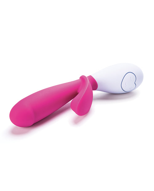 The OhMiBod Lovelife Snuggle laying on its side, showcasing the thick shaft and the clitoral arm in addition to the heart-shaped control panel at the base. | Kinkly Shop
