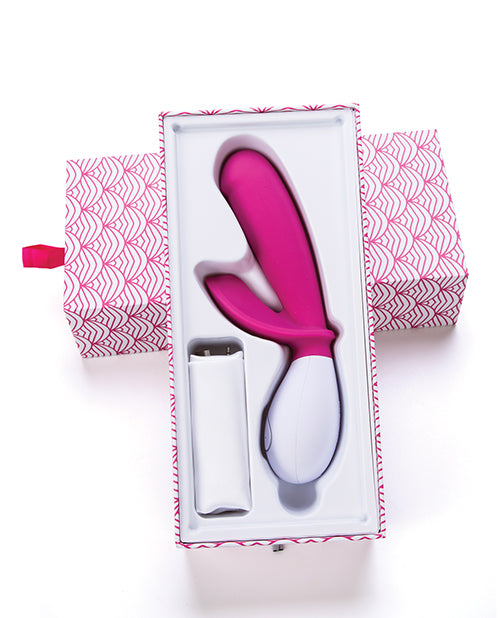 The OhMiBod Lovelife Snuggle rests inside of its packaging tray with the lid removed. | Kinkly Shop