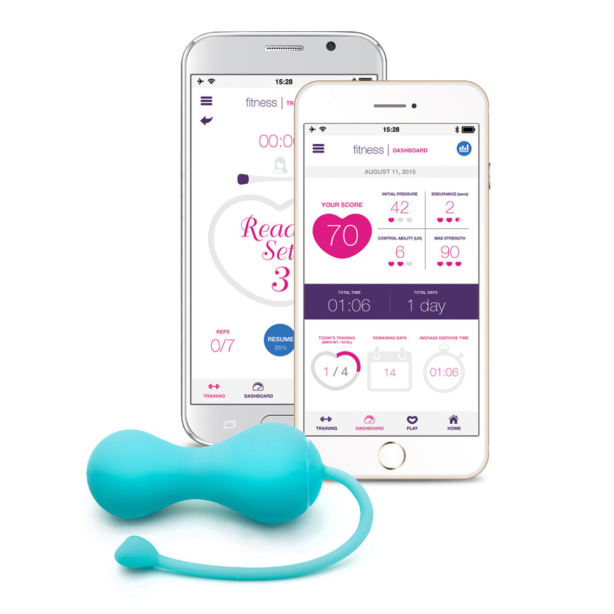 Lovelife Krush in turquoise set up in front of two cell phones that display the app that the vibrator is compatible with | Kinkly Shop