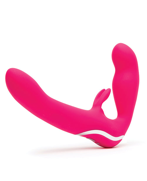 The Happy Rabbit Strapless Strap on Rabbit in front of a plain white background. It has a wearer's insertable end and a receiver's insertable end that looks like a 90-degree angle. | Kinkly Shop